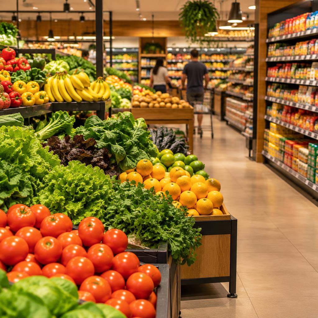 Hortifrúti e corredor organizado de supermercado